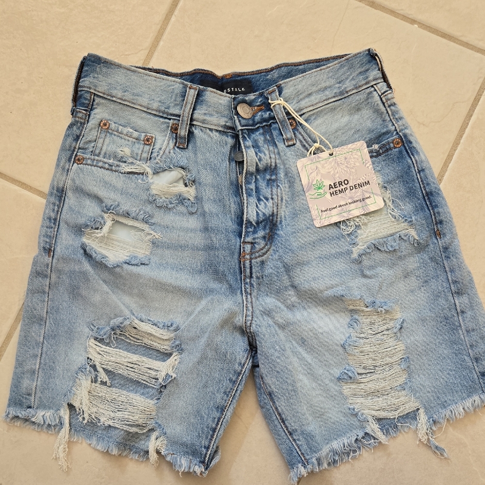 Aero Hemp Denim Distressed Shorts - Light Blue